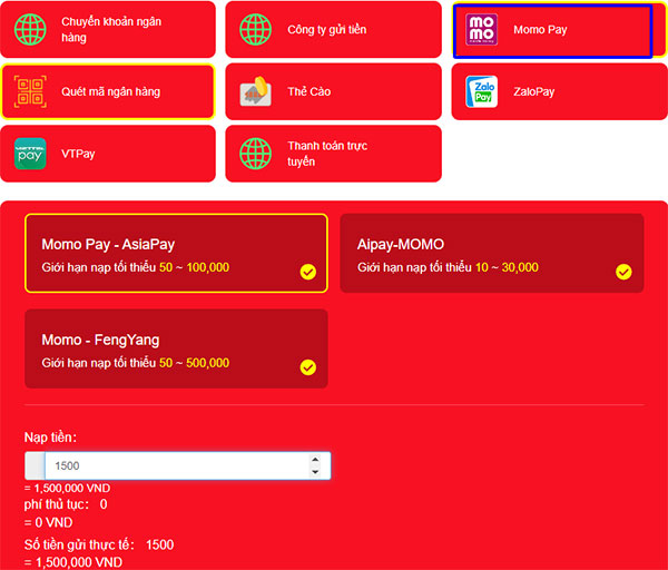 Dễ dang nạp tiền thông qua ví điện tử momo